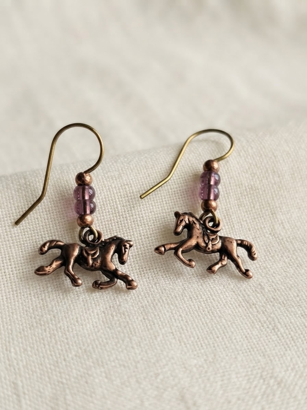 Vintage Copper Horse Dangle Earrings with Light Purple Beads